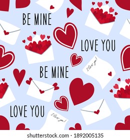 Seamless vector flat hearts pattern. Valentine's day background. Flat design. Endless chaotic texture of romantic elements. Hearts, letter, envelope.