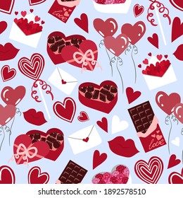Seamless vector flat hearts pattern. Valentine's day background. Flat design. Endless chaotic texture of romantic elements. Hearts, balloons, candy, chocolate, lollipop, lips, envelope.