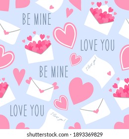 Seamless vector flat hearts pattern. Valentine's day background. Flat design. Endless chaotic texture of romantic elements. Hearts, letter, envelope.