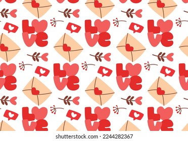 Seamless vector flat hearts pattern. Valentine's day background.  Texture of romantic elements hearts, letter, envelope like, love.