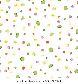 Seamless vector flat pattern illustration of Russian salad. Pattern of russian traditional new year's dish Olivier salad. Potato salad vector illustration of salad ingredients on white background.