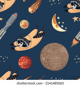 Seamless vector flat space pattern. Cute template with space raccoon astronaut, rocket, sun, planets, stars, moon, meteorites in outer space. Design for nursery, wallpaper, stationery, textiles.