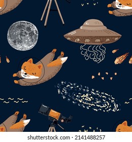 Seamless vector flat space pattern. Cute template with fox astronaut, ufo, moon, telescope, stars, moon, meteorites in outer space. Design for nursery, wallpaper, stationery, clothes, textiles.