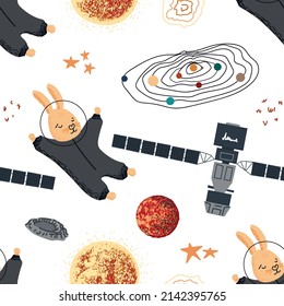 Seamless vector flat space pattern. Cute template with a bunny astronaut, spaceship, sun, planets, stars in outer space. Design for nursery, wallpapers, stationery, clothes, and textiles.