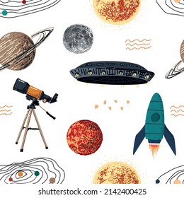 Seamless vector flat space pattern. Cute template with rocket, ufo, telescope, moon, sun, planets and spaceship in outer space. Design for nursery, wallpaper, stationery, clothing, textile, wrapping.