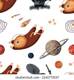 Seamless vector flat space pattern. Cute template with astronaut lion, moon rover, meteorites, planets, and stars in outer space. Design for nursery, wallpapers, stationery, clothes, and textiles.