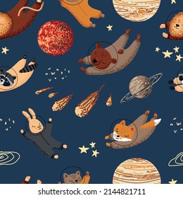 Seamless vector flat space pattern. Cute template with astronaut character fox, lion bear, raccoon, hare, planets, and meteorites in outer space. Design for nursery, wallpapers, stationery, clothes.