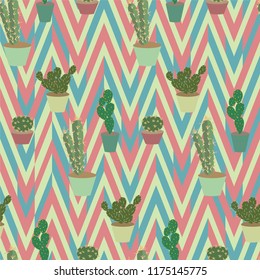 Seamless vector flat style cactus pattern/ Multicolored print fashionable background