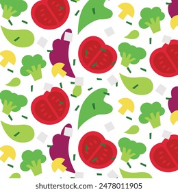 Patrón vegetal plano de Vector sin costuras con tomates, brócoli, hojas de lechuga, hongos, rebanadas, queso feta, sal, especias. Ilustración sabrosa de comida saludable