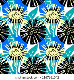 Seamless vector flkoral pattern. Brush pen hand drawn doodle abstract diagonal flower shapes texture.