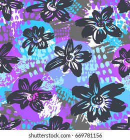 Seamless vector flkoral pattern. Brush pen hand drawn doodle abstract diagonal flower shapes texture.