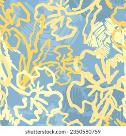 Nahtlose Vektorgrafik abstraktes Muster mit Wildblumen. Blauer und gelber Sommerhintergrund für Textilien, Bettwäsche, Tapete, Teppich und jede Oberfläche. 