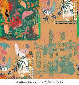 Seamless vector floral and animal pattern design. For scandinavian, retro, vintage and vector Seamless design.