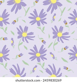 Seamless vector floral background with Aster and leaf Hand drawn illustration.