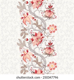 Seamless vector floral background. Beautiful border with tree branches and fantastic flowers. The motives of the paintings of ancient Indian fabrics. Tree of Life collection.