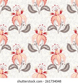 Seamless vector floral background. Beautiful fantastic flower with leaves, tendrils and berries. Delicate background. Motives of vintage Indian fabrics. Tree of Life collection.