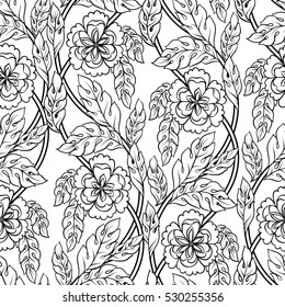 Seamless vector floral background. Beautiful pattern with leaves, branches and fantastic flowers. The motives of the victorian tracery. Graphical ornament , black outline isolated on white.