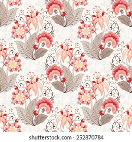 Seamless vector floral background. Curved branch with fantastic flowers, leaves, tendrils and berries. The motives of the paintings of ancient Indian fabrics. Tree of Life collection. 