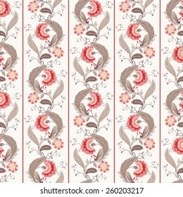 Seamless vector floral background. Curved branch with fantastic flowers, leaves, tendrils and berries. The motives of the paintings of ancient Indian fabrics. Tree of Life collection.