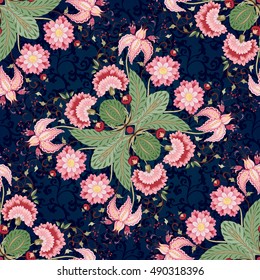 Seamless vector floral background with curved branch with fantastic flowers, leaves, tendrils and berries on dark backdrop. Motives of the paintings of ancient Indian fabrics. Tree of Life collection.