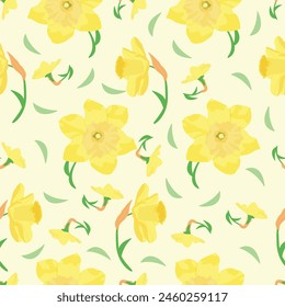 Seamless vector floral background with daffodils and leaf Hand drawn illustration.