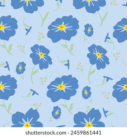 Seamless vector floral background with Delphinium and leaf Hand drawn illustration.