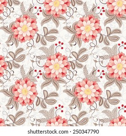 Seamless vector floral background. Fantasy flowers with berries, leaves and curls. The motives of the paintings of ancient Indian fabrics. Tree of Life collection.