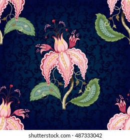 Seamless vector floral background with fantasy flowers, leaves and curls. The motives of the paintings of ancient Indian fabrics. Tree of Life collection. Dark backdrop.