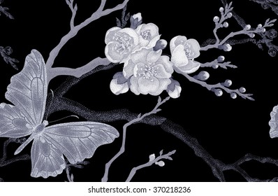  Seamless vector floral background. Flowers and butterflies. Illustration in the Victorian style. Vintage pattern. Sakura Branch and insect on black background.