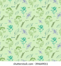 Seamless vector floral background with herbs and spices on green . Hand drawn spices in vintage style. For prints, fabric and wrapping and other design in natural style.