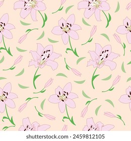 Seamless vector floral background with Lily and leaf Hand drawn illustration.