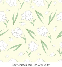 Seamless vector floral background with Lily of the Valley and leaf Hand drawn illustration.