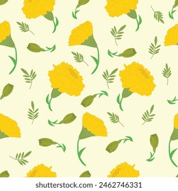 Seamless vector floral background with Marigold and leaf Hand drawn illustration.