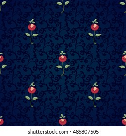 Seamless vector floral background. The motives of the paintings of ancient Indian fabrics. Dark backdrop.Tree of Life collection.