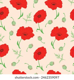 Seamless vector floral background with Poppy and leaf Hand drawn illustration.