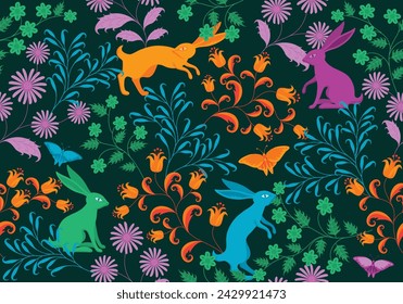 Fondo floral de vector sin costura con conejos y mariposas