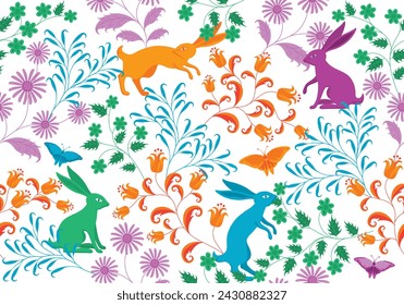 Seamless vector floral background with rabbits and butterflies