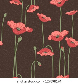 Seamless vector floral background with red poppy flowers