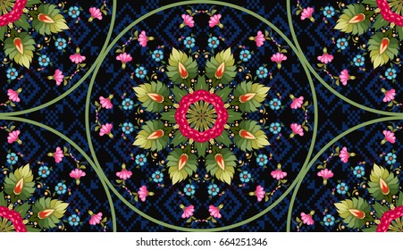 Seamless vector floral background with round patterns. Dark backdrop. Flower in style of Petrykivka painting. 