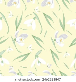 Seamless vector floral background with Snowdrop and leaf Hand drawn illustration.