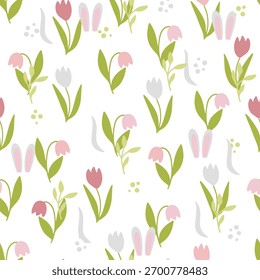 Patrón de primavera de fondo floral de Vector sin costuras. Un lindo patrón de Pascua dibujado a mano. Perfecto para textiles, Fondo de pantalla o diseño de vivero.	