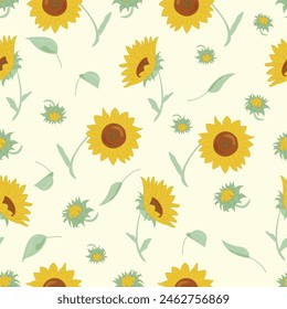 Seamless vector floral background with Sunflower and leaf Hand drawn illustration.