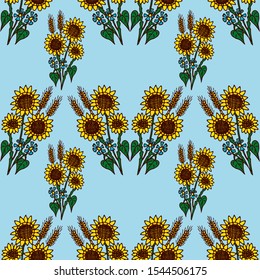 Seamless vector floral background with symmetrically arranged bouquets of plants and flowers hand-drawn