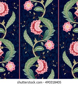 Seamless vector floral background. Tree of Life collection. Curved branch with fantastic flowers, leaves, tendrils and berries. The motives of the paintings of ancient Indian fabrics. Dark backdrop.