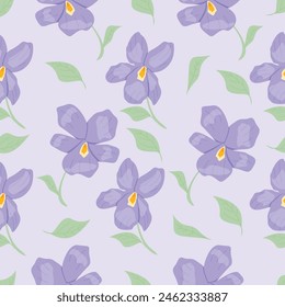 Seamless vector floral background with Violet and leaf Hand drawn illustration.