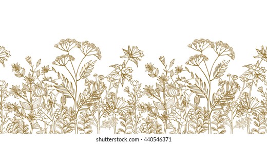 Seamless vector floral border with black white hand drawn herbs and wild flowers. Pattern endless with blossom flowers. Floral seamless border with flowers illustration