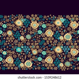 Seamless vector floral border decor with turquoise- golden flowers on dark  background