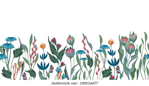 Seamless vector floral border with hand drawn herbs and flowers. Pattern endless with blossom flower. Floral seamless border with flowers illustration