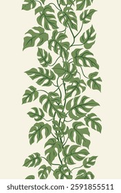 Seamless vector floral border. Monstera deliciosa. Tropical leaves card. Green