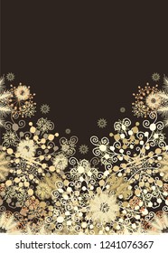 Seamless vector floral border on dark background, golden herbs on fdark background